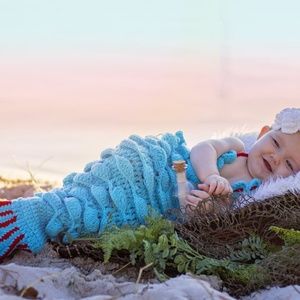 3 Pc Aqua Blue & Red Crochet Mermaid Set